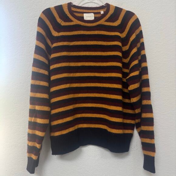 Doen Dana Striped Knit Crewneck Cashmere Sweater Gold Black Burgundy Size Large - Picture 2 of 6